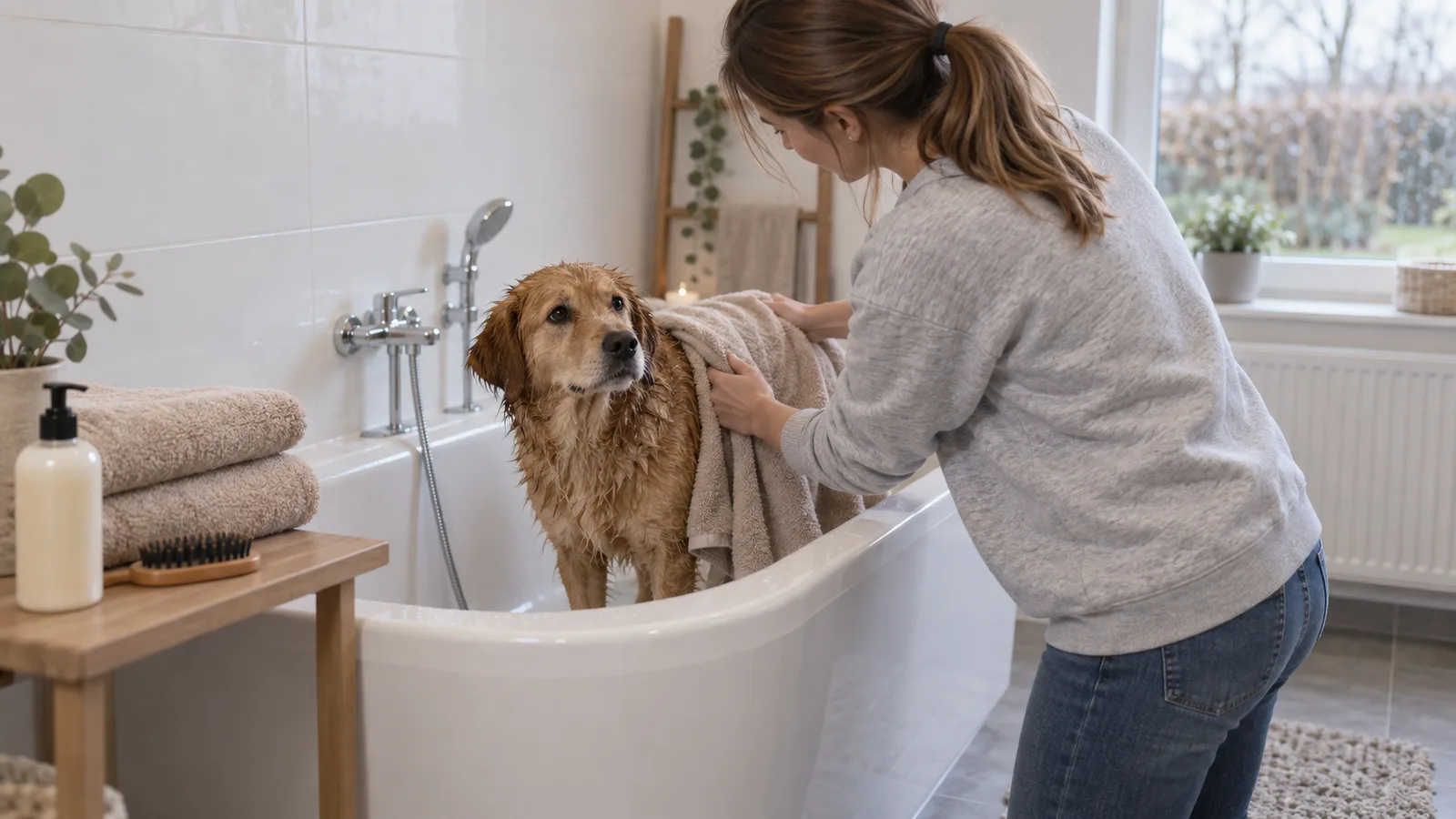 Femme enveloppant un chien fauve dans une serviette après le bain