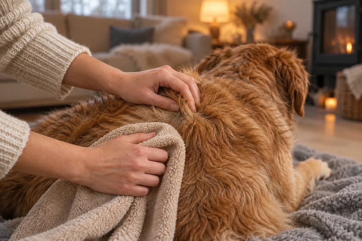 Mains séchant le sous-poil d'un chien couché sur un plaid