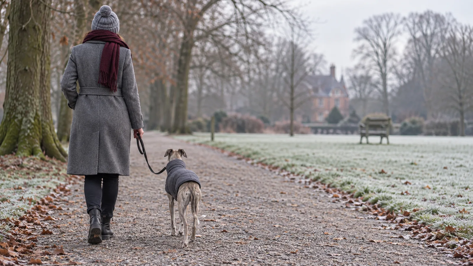 Femme promenant un whippet en manteau matelassé dans un parc givré
