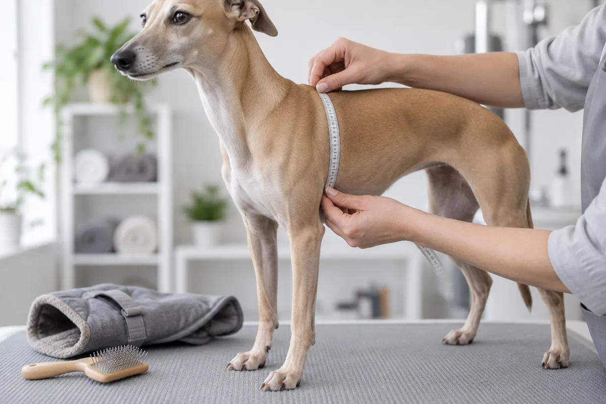 Mains mesurant le poitrail d'un whippet avec un mètre ruban