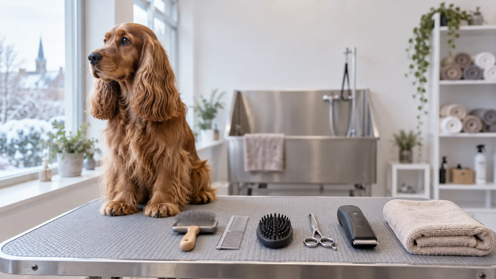 Outils de toilettage alignés sur une table, cocker brun assis à côté