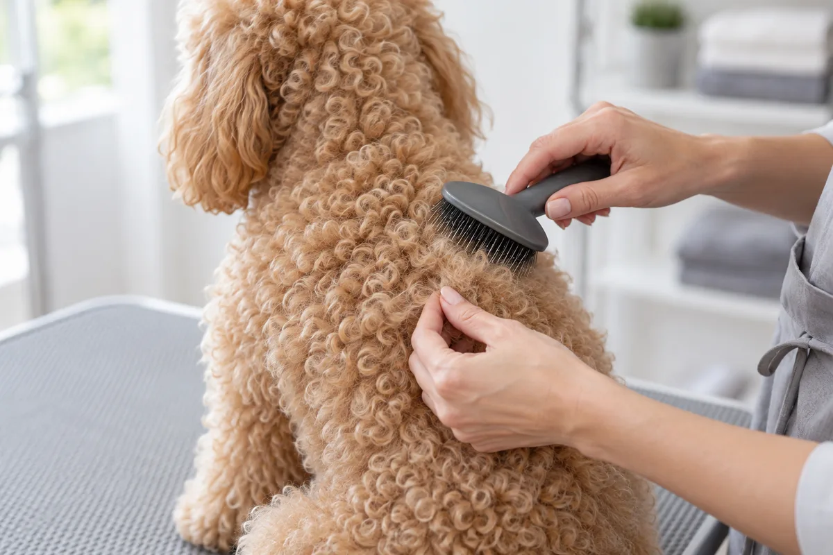 Mains brossant les boucles d'un caniche abricot mèche par mèche