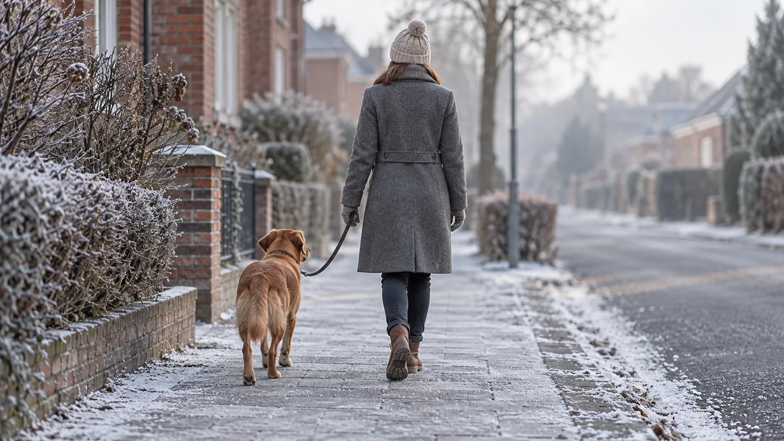 Femme de dos promenant son chien en laisse sur un trottoir givré