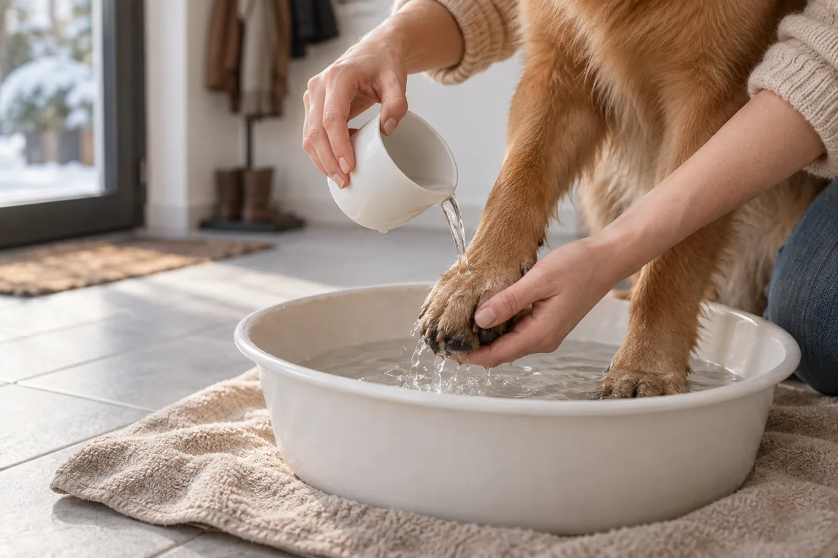 Pattes de chien rincées à l'eau tiède dans une bassine blanche
