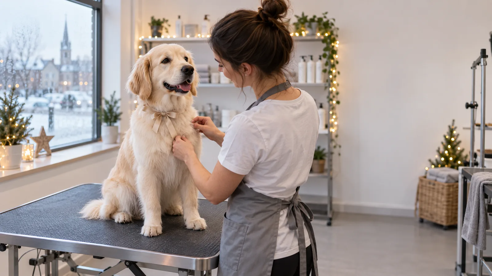 Chien fraîchement toiletté assis fièrement pendant les finitions de la toiletteuse