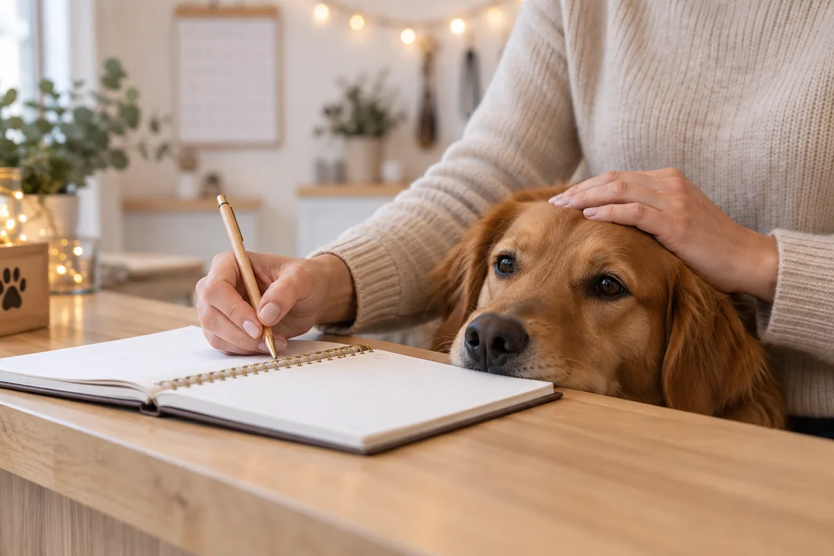 Mains notant un rendez-vous dans un carnet, tête de chien caressée